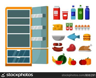 Empty refrigerator and different food. Vector flat illustrations. Refrigerator and food fresh, milk bottle and meat, vegetable and fruit. Empty refrigerator and different food. Vector flat illustrations