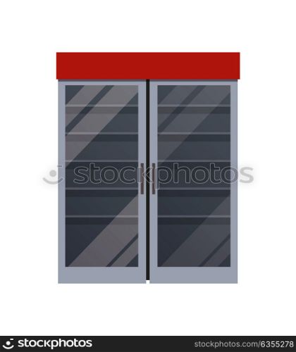 Empty refrigerator with metal construction and doors made of glass at supermarket, shelves of fridge,vector illustration isolated on white background. Empty Fridge at Supermarket Vector Illustration