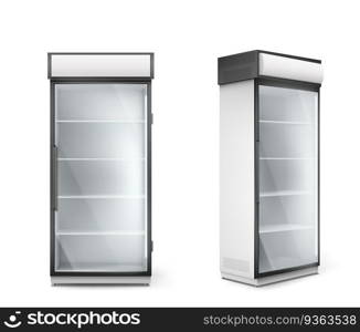 Empty refrigerator with transparent glass door. Vector fridge for display fresh food and drink in supermarket. Modern cooler with shelves and handle front and corner view. Empty refrigerator with transparent glass door