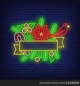 Empty ribbon frame, fir-tree twigs, poinsettia flower neon sign. Christmas and New Year Day decor design. Night bright neon sign, colorful billboard, light banner. Vector illustration in neon style.
