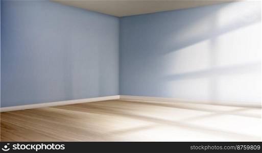 Empty room corner with light and shadows from window on blue walls and wooden floor. Mockup interior of living room, studio, apartment or office, vector realistic illustration in perspective view. Empty room corner with light and shadows