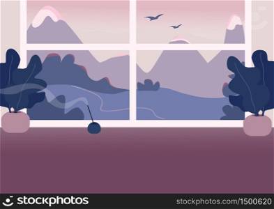 Empty room flat color vector illustration. Luxurious apartment 2D cartoon interior with mountains on background. Contemporary home interior decor, cozy accommodation with beautiful view. Empty room flat color vector illustration