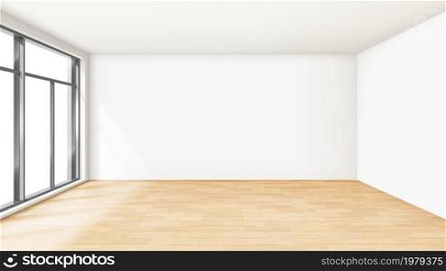 Empty Room House Interior After Renovation Vector. Light Empty Room With Wooden Parquet Floor, Window And White Wall With Ceiling. Indoor Luxury Design Template Realistic 3d Illustration. Empty Room House Interior After Renovation Vector