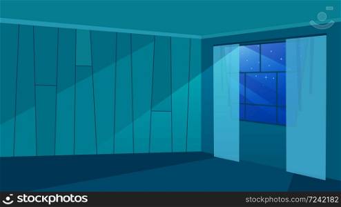 Empty room in moonlight rays flat vector illustration. Trendy walls with geometric pattern. Modern windowpane with curtains. Minimalist architecture, house apartment design in darkness view