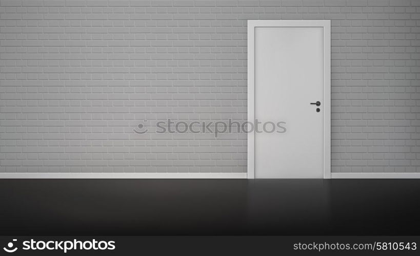 Empty room interior with brick wall and closed white door realistic vector illustration. Brick wall with door