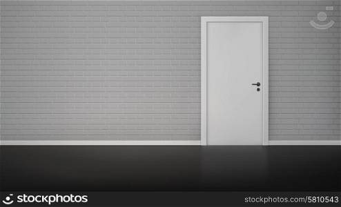 Empty room interior with brick wall and closed white door realistic vector illustration. Brick wall with door