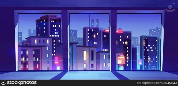 Empty room, night office interior with city view in wide floor-to-ceiling windows. Open space coworking area, art studio workplace place, boardroom for business cooperation Cartoon vector illustration. Empty room, night office interior with city view