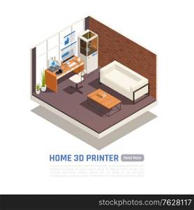 Empty room with home 3d printer printing blue model isometric composition vector illustration