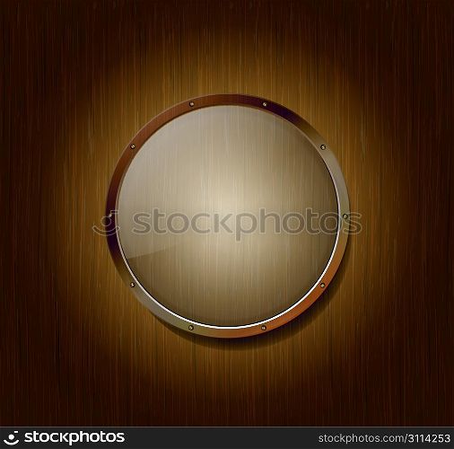 Empty round banner of glass and metal on a wooden background
