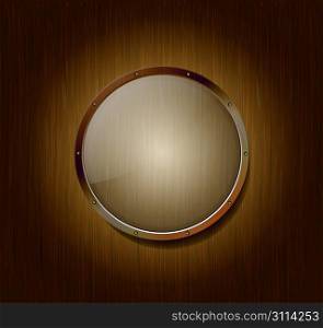 Empty round banner of glass and metal on a wooden background