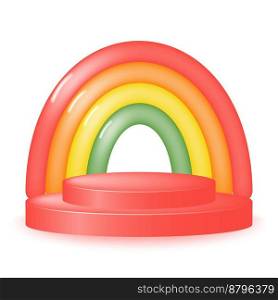 Empty round pink 3d podium with rainbow arc isolated on white background. Banner with podium for product presentation and promotion. Vector illustration.. Empty round pink 3d podium with rainbow arc