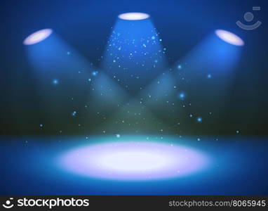 Empty scene with three spotlights on blue background. Bright empty scene with three spotlights on blue background
