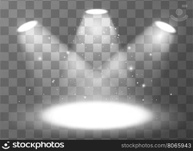 Empty scene with three spotlights on transparent background. Bright empty scene with three spotlights on transparent background