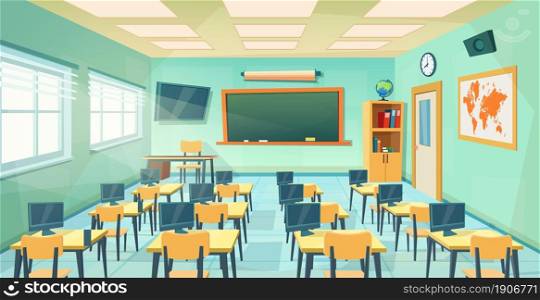 Empty School Class Room Interior Board. cartoon Education background. Education concept. college or university training room with chalkboard, table, desks, chairs. Vector illustration in a flat style. Empty School Class Room Interior Board