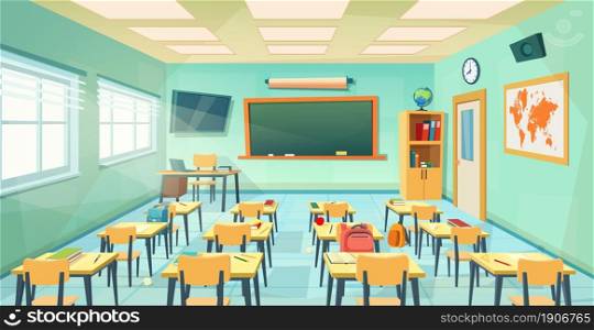 Empty school classroom cartoon . Back to school design template. Education concept. college or university training room with chalkboard, table, desks, chairs. Vector illustration in a flat style. Empty school classroom in cartoon style.