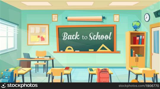 Empty school classroom cartoon . Back to school design template. Education concept. college or university training room with chalkboard, table, desks, chairs. Vector illustration in a flat style. Empty school classroom in cartoon style.