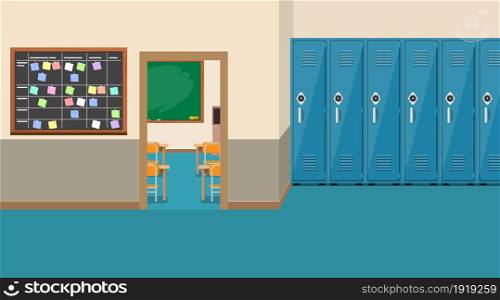 empty school interior,open door in classroom. Vector illustration in flat style. empty school interior,open door in classroom