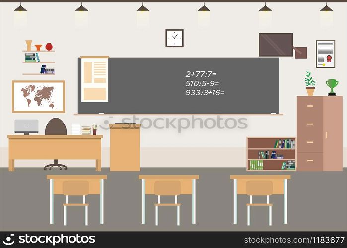 Empty School or college room interior,classroom with furniture,flat vector illustration.. Empty School room interior