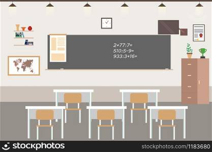 Empty School room interior,classroom with furniture,flat vector illustration.. School room interior,classroom with furniture,