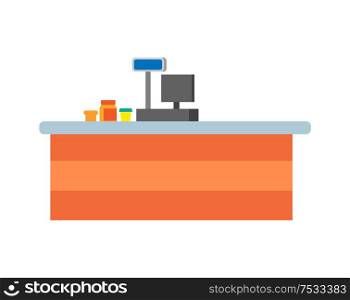 Empty seller counters and desks of cashier vector. Supermarket cash desk with computer, jars and glasses with products on desktop in store isolated icons. Empty Seller Counter and Desktop of Cashier Vector