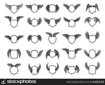 Empty shapes with wings. Big vector set for badges or labels design. Shield and wing badge emblem, vector illustration. Empty shapes with wings. Big vector set for badges or labels design