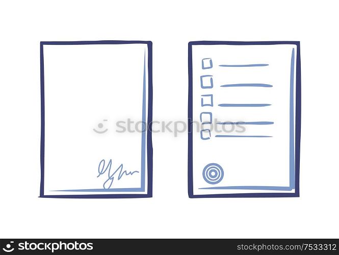 Empty sheet of paper with signature and list of tips and stamp isolated. Office page with scribble, line art sign of document, signed agreement vector. Empty Sheet of Paper with Signature and Tips List