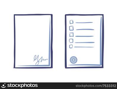 Empty sheet of paper with signature and list of tips and stamp isolated. Office page with scribble, line art sign of document, signed agreement vector. Empty Sheet of Paper with Signature and Tips List