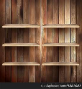 Empty shelf for exhibit on wood background. EPS 10 vector. Empty shelf for exhibit on wood background. EPS 10