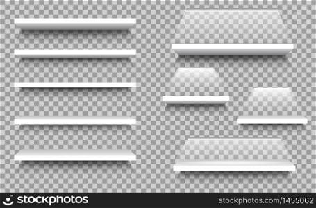 Empty shelf for stand box for store, advertising merchandising. 3d white blank showcase display in mockup style for interior house. Bookcase, store rack on isolated background. Wood shelves. vector