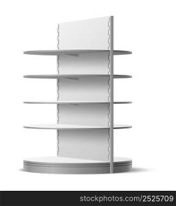 Empty shelving stand. Realistic shopping shelf. Supermarket and store selling furniture. Shop interior. Isolated white multilevel rack for merchandise exhibition. Vector showcase clean racking mockup. Empty shelving stand. Realistic shopping shelf. Supermarket and store selling furniture. Shop interior. Isolated multilevel rack for merchandise exhibition. Vector showcase racking mockup
