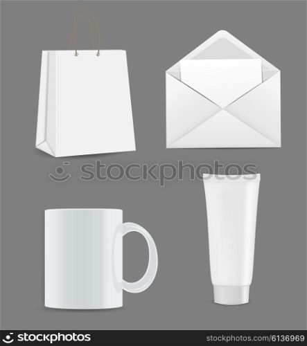 Empty Shopping Bag, Envelope, Cream Tube and Cup for Advertising and Branding Vector Illustration