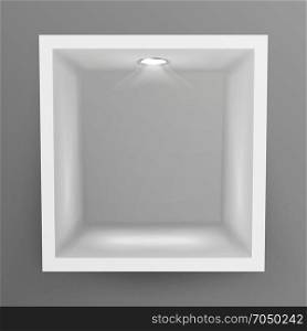 Empty Show Window, Niche Vector. Abstract Clean Shelf, Niche, Wall Showcase. Good For Exhibit, Presentations, Display Your Product.. Empty Niche Vector. Realistic Clean Shelf, Niche, Wall Showcase. Good For Presentations, Display Your Product. Illuminated Light Lamp
