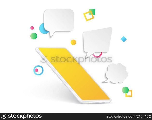 Empty smartphone with message bubble. Communication realistic gadget mockup, phone chat or conference. 3D mobile with decorative geometric vector banner template. Illustration of mobile phone design. Empty smartphone with message bubble. Communication realistic gadget mockup, phone chat or conference. 3D mobile with decorative geometric shapes vector banner template