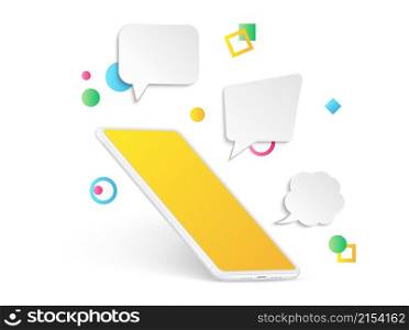 Empty smartphone with message bubble. Communication realistic gadget mockup, phone chat or conference. 3D mobile with decorative geometric vector banner template. Illustration of mobile phone design. Empty smartphone with message bubble. Communication realistic gadget mockup, phone chat or conference. 3D mobile with decorative geometric shapes vector banner template