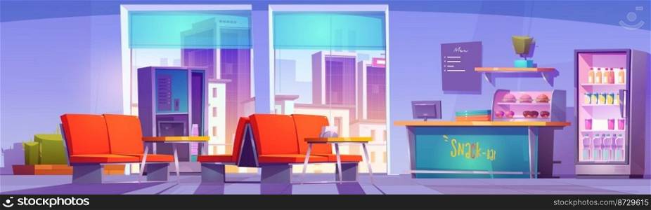 Empty snack bar interior with furniture and food, beverages in fridge, city buildings view in window. Canteen or cafe for visitors of hospital, business center or school. Vector cartoon illustration. Empty snack bar interior with furniture and food