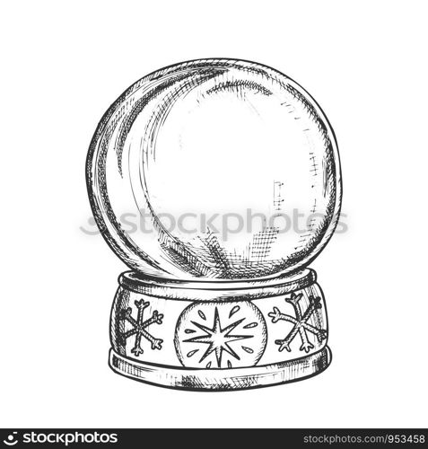 Empty Snowglobe Christmas Souvenir Vintage Vector. Glass Ball Snowglobe On Decorated Snowflake Pedestal. Celebratory Present Sphere Template Hand Drawn In Retro Style Black And White Illustration. Empty Snowglobe Christmas Souvenir Vintage Vector