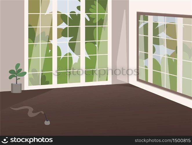 Empty spacious room flat color vector illustration. Cozy apartment 2D cartoon interior with no furniture on background. Large accommodation room with aroma sticks, decorative plant and nobody inside. Empty spacious room flat color vector illustration