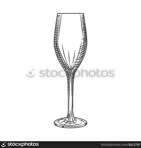 Empty sparkling wine glass. Hand drawn champagne glass sketch. Engraving style. Vector illustration isolated on white background.. Empty sparkling wine glass. Hand drawn champagne glass sketch.