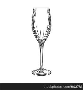 Empty sparkling wine glass. Hand drawn champagne glass sketch. Engraving style. Vector illustration isolated on white background.. Empty sparkling wine glass. Hand drawn champagne glass sketch.