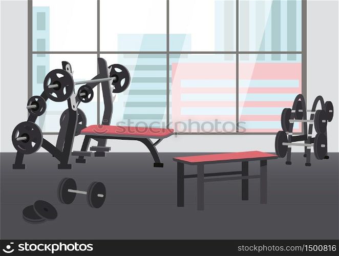 Empty sports center flat color vector illustration. Fitness club 2D cartoon interior with weightlifting equipment on background. Gym with no people inside. Dumbbells and barbells for bodybuilding. Empty sports center flat color vector illustration
