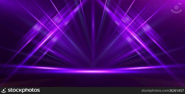 Empty stage glowing purple color light lines on dark purple background. Vector illustration