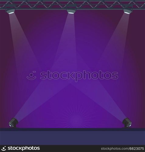 Empty stage with blue lightning and bright projectors vector illustration. Big space for music performances with good illumination.. Empty Stage with Blue Lightening Illustration