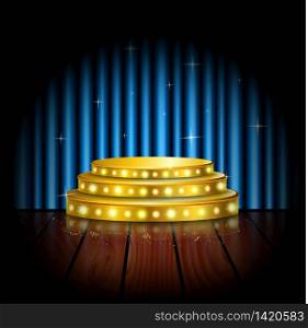 Empty stage with golden spotlight and blue curtain background.vector