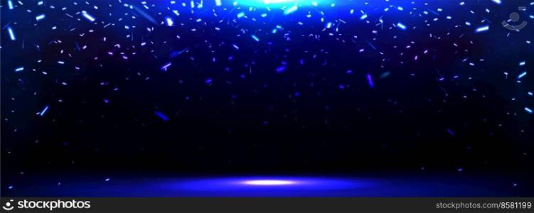 Empty stage with spotlight and falling blue sparks. Abstract background with flying neon glowing sparkles and spot of light on scene, vector realistic illustration. Empty stage with spotlight and falling blue sparks