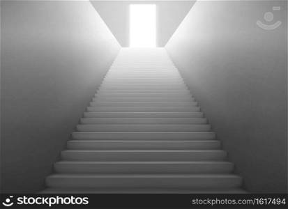 Empty staircase with light from open door on top. Vector realistic interior with stair with white steps and doorway. Concept of hope, career growth, future opportunity and success. White staircase with light from open door on top
