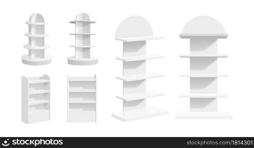 Empty store shelf. Shop display, indoor supermarket or warehouse blank stands. Realistic white bookcase, 3d expo rack recent vector mockup. Illustration commercial rack for goods. Empty store shelf. Shop display, indoor supermarket or warehouse blank stands. Realistic white bookcase, 3d expo rack recent vector mockup