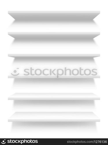 Empty store shelves realistic mockup of retail industry vector design. Showcase display of shop or market, supermarket racks, bookshelves or product stand on white wall with shadows. Empty shelves of store or shop realistic mockup