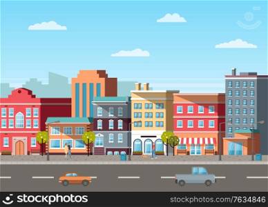 Empty street, buildings colored in different shades. Cars driving on roads, city life with transport and residential property of people old town. Vector illustration in flat cartoon style. Street with Buildings and Cars on Roads Vector