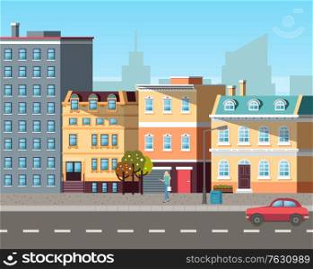Empty street, sun light on buildings colored in different shades. Cars driving on roads, city life with transport and residential property of people. Old town appartmens Vector in flat cartoon style. Street with Buildings and Cars on Roads Vector