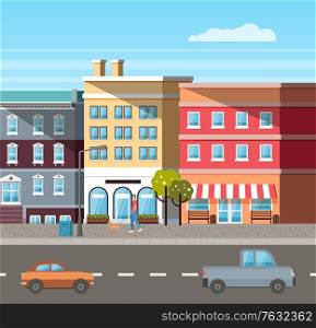 Empty street vector, buildings colored in different shades. Cars driving on roads, city life with transport and residential property of people old town. Street with Buildings and Cars on Roads Vector